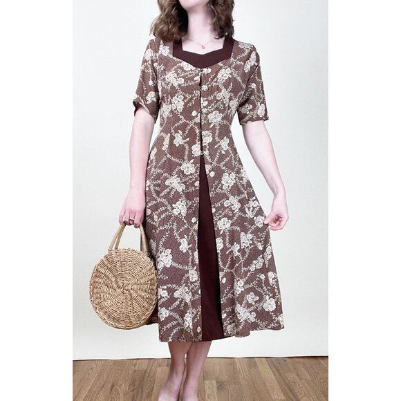 Vintage VS Country Authentic Floral Fit & Flare Button Up Cottagecore Midi Dress - Picture 1 of 5